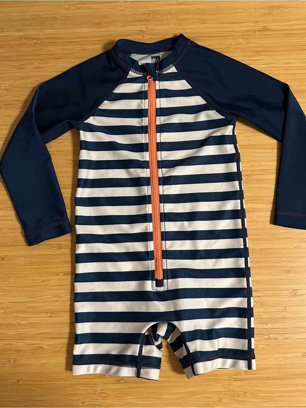 Tea Collection Navy & White Striped Long-Sleeve Rashguard Suit with Orange Zip